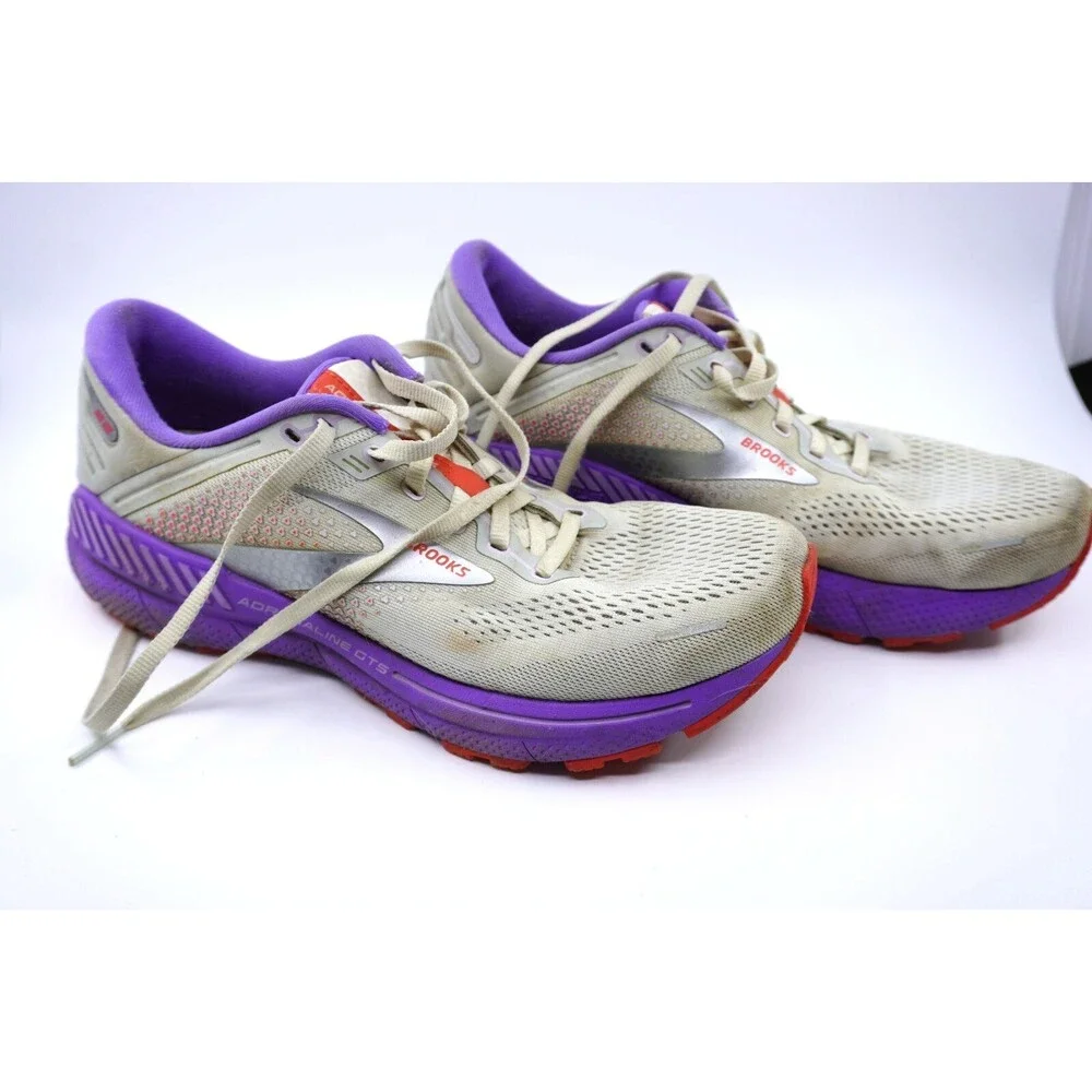 Brooks Shoes Adrenaline GTS 22 Womens Size 10 Running Comfy Grey White Purple
